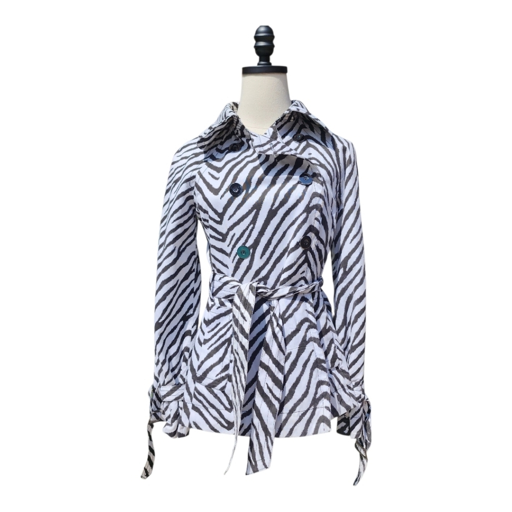 Trending! Zebra Animal Print Trench Coat Jacket Vintage Double Breasted Sz S